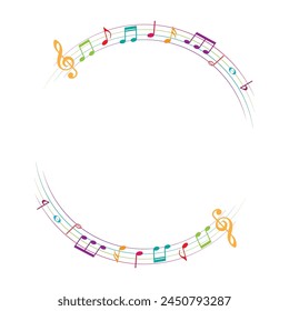 Colorful musical round border, music notes frame, vector illustration.