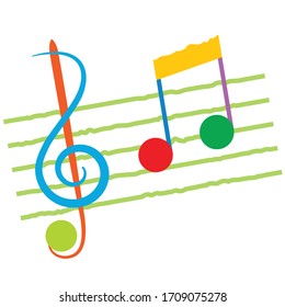 Colorful musical theme with clef and note on the staff, vector illustration