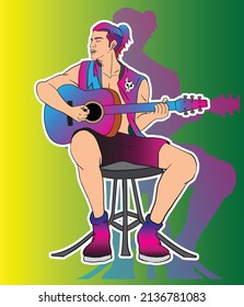 Colorful Musician singing when playing guitar in Sticker Cut Style. best for album cover, concert poster, music fest flyer, banner, car sticker, etc