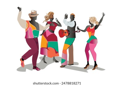  Colorful musicians at the party. Jazz band. Hand drawn vector illustration.