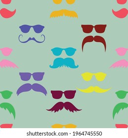 Colorful mustache with goggles vector seamless repeating pattern with light green background. Greate as a textile print, fabric, wallpaper, background or packaging. Surface pattern design.