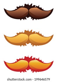 Colorful mustaches set with grunge splatters on white background.