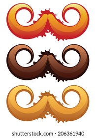 Colorful mustaches set with grunge splatters on white background.