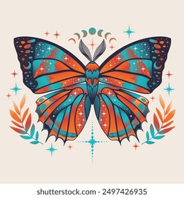 Colorful mystic butterfly vector illustration. Magic moon, occult, print, poster.