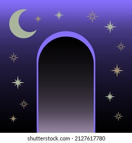 Colorful mystic design; arch shape portal, moon and stars esoteric digital art.