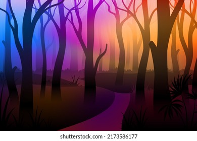 Colorful Mystical foggy forest with footpath and trees