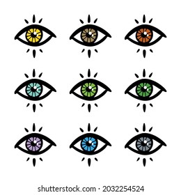 Colorful mystical, magical eyes icons set, collection for fortune-telling, clairvoyance, predictions design.
