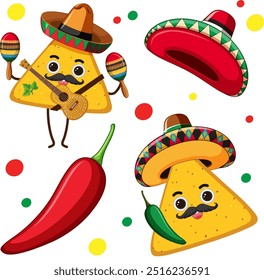 Caracteres nacho coloridos com sombreros e maracas