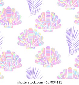 Colorful nacre shells and palm leaf. Pastel shades print on a white background. Universal seamless pattern. Vector illustration EPS 8