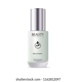 Colorful nail base corrector ads, nail polish bottle isolated on white background. 3d vector illustration with label and logo. EPS10.