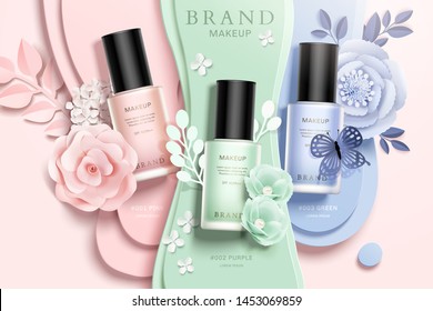 Colorful nail lacquer ads with paper flowers and liquid background in 3d illustration