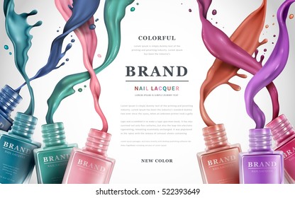 Colorful nail lacquer ads, nail polish splatter on white background, 3d illustration, vogue ads for design