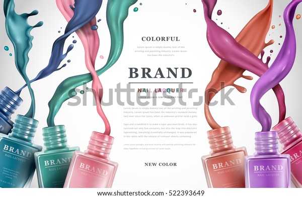 Colorful nail lacquer\
ads, nail polish splatter on white background, 3d illustration,\
vogue ads for design