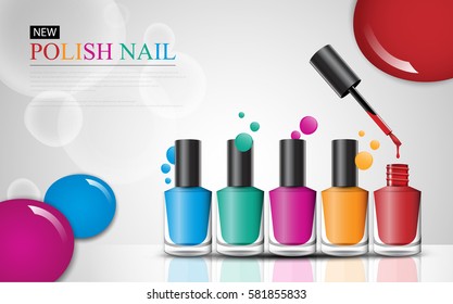 colorful nail lacquer bottles ads, vogue ads for vector design.