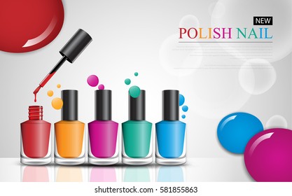 colorful nail lacquer bottles ads, vogue ads for vector design.