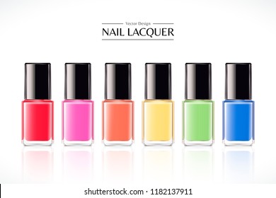 Colorful nail lacquer mockup set in 3d illustration on white background