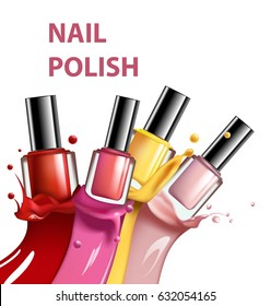 Colorful nail lacquer, nail polish splatter on white background, 3d illustration, vogue ads for design Cosmetics and fashion background Template Vector.