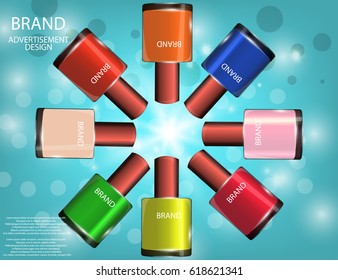 Colorful nail lacquer template, glossy bottles on the sparkling effects background. Mock-up 3D Realistic Vector illustration for design, template