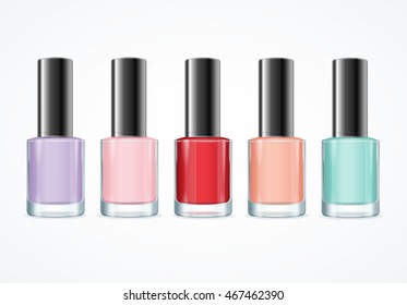 Colorful Nail Polish Bottle Set. Various Colors. Vector illustration