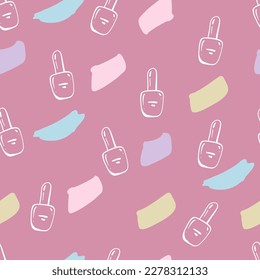 Colorful nail polish bottles and brushes with black contour on pastel background. Hand drawn flat vector illustration
