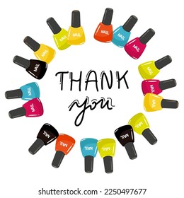 colorful nail polish bottles in circle frame. nail polish splash