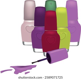 Colorful nail polish bottles with one tipped over, spilling purple paint on a white background