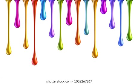 Colorful nail polish drops isolated on white background. Multicolored dripping paint.