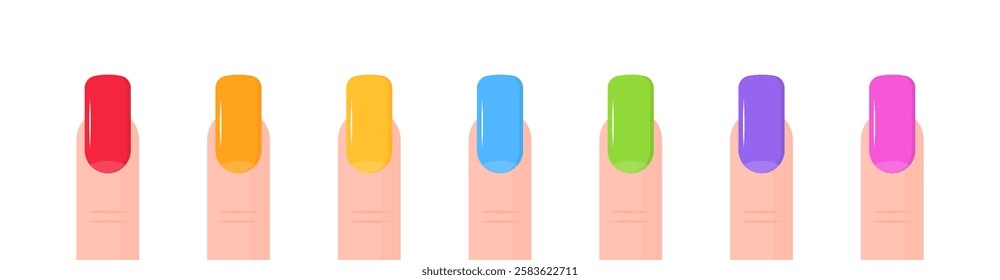 Colorful nail polish on fingers: red, orange, yellow, blue, green, purple, pink on white background. Vector icon