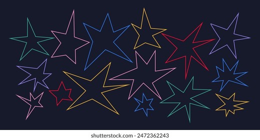 Colorful naive abstract star shapes set. Trendy starry shapes in doodle style. Playful scribble stars collection. Flat cartoon vector illustration