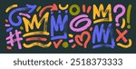 Colorful naive brush drawn crowns, squiggles and arrows. Funky hearts and hand drawn geometric figures. Various bold scribbles and shapes in trendy retro style. Punk and graffiti style elements.