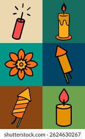 Colorful naive-style icons of Diwali fireworks, candles, flower decorations and sparklers, ideal for festive design and children’s illustrations, shown in individual color blocks.