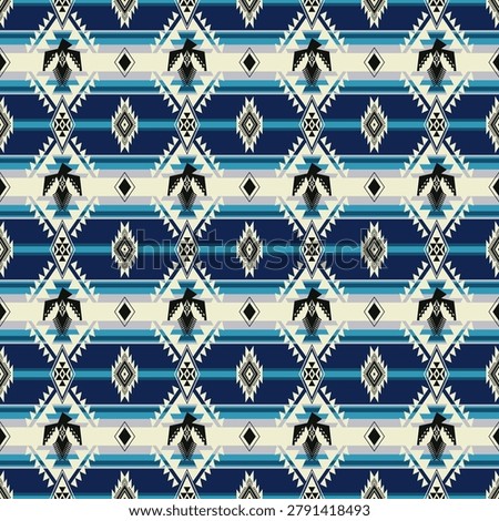 Colorful Native American southwest pattern. Vector blue white western aztec tribal seamless pattern design. Ethnic geometric pattern use for fabric, textile, home decoration elements, upholstery, etc.