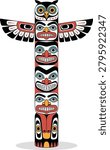 Colorful native american totem pole vector traditional tribal art cultural symbol.