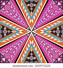 Colorful native tribal design featuring geometric shapes, red, black, and blue accents, ideal for fabric, wallpapers, and digital art.