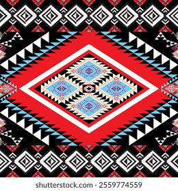 Colorful native tribal design featuring geometric shapes, red, black, and blue accents, ideal for fabric, wallpapers, and digital art.