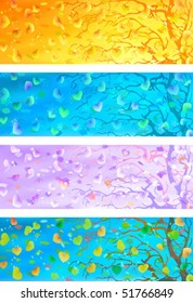 Colorful natural banners, each with a tree and autumn leaves flying around (AI-optimized EPS 8 file, other landscapes are in my gallery)