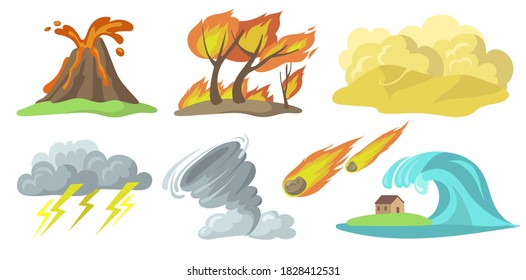 Colorful natural disasters flat set for web design. Cartoon volcanic eruption, fire, storm, tornado and tsunami isolated vector illustration collection. Nature cataclysm and catastrophe concept