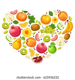 Colorful natural fruits concept with apple orange banana pear peach pomegranate kiwi grapes tangerine in heart shape vector illustration