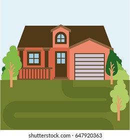 colorful natural landscape with country house with attic and garage vector illustration