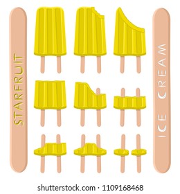 Colorful natural logo carambola ice cream sorbet in different forms. Carambola pattern consisting of sweet cold ice cream sorbet, tasty frozen dessert. Fresh taste fruit ice cream sorbet of carambola.
