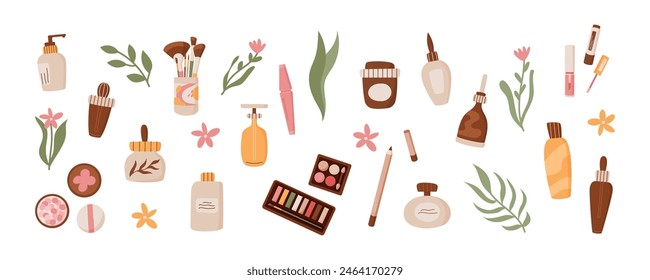 Bunte natürliche Make-up Produkt-Kollektion, Cartoon-Öko-Kosmetikölröhre mit grünen Pflanzen, flache Mode Hautpflege-Shampoo-Flasche mit Eyeliner und Blumen, trendige Anti-Aging-Körperpflege-Paket-Set.