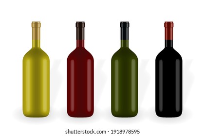 Colorful naturalistic closed 3D wine bottle of different colors without label. Vector Illustration. EPS10