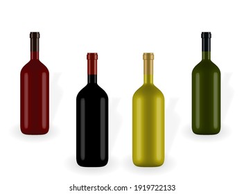 Colorful naturalistic closed 3D wine bottle of different colors without label. Vector Illustration. EPS10