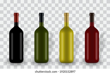 Colorful naturalistic closed 3D wine bottle of different colors without label. Vector Illustration. EPS10