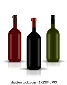 Colorful naturalistic closed 3D wine bottle of different colors without label. Vector Illustration. EPS10