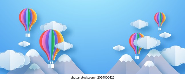 Colorful nature environment illustration in 3d paper cut art style. Creative imagination background or children design backdrop. Papercut sky with clouds, mountain and hot air balloons.