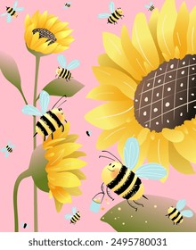 Colorful nature flowers and cute bees. Sunflowers botanical background. Summer village garden design for card or cover. Han drawn vector illustration.