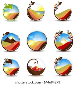 Colorful nature illustrations. Water, leafs, meadow, sunset, sunrise and fruits. Beautiful and bright illustration. Isolated on a white background.