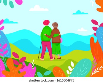 Colorful Nature Landscape Background with Back View of Elderly Couple Hugging.