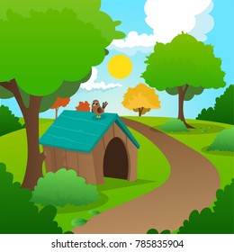 Colorful nature landscape with green grass, trees, bushes and wooden dog s house. Sunny summer background with blue sky and white clouds. Flat vector design